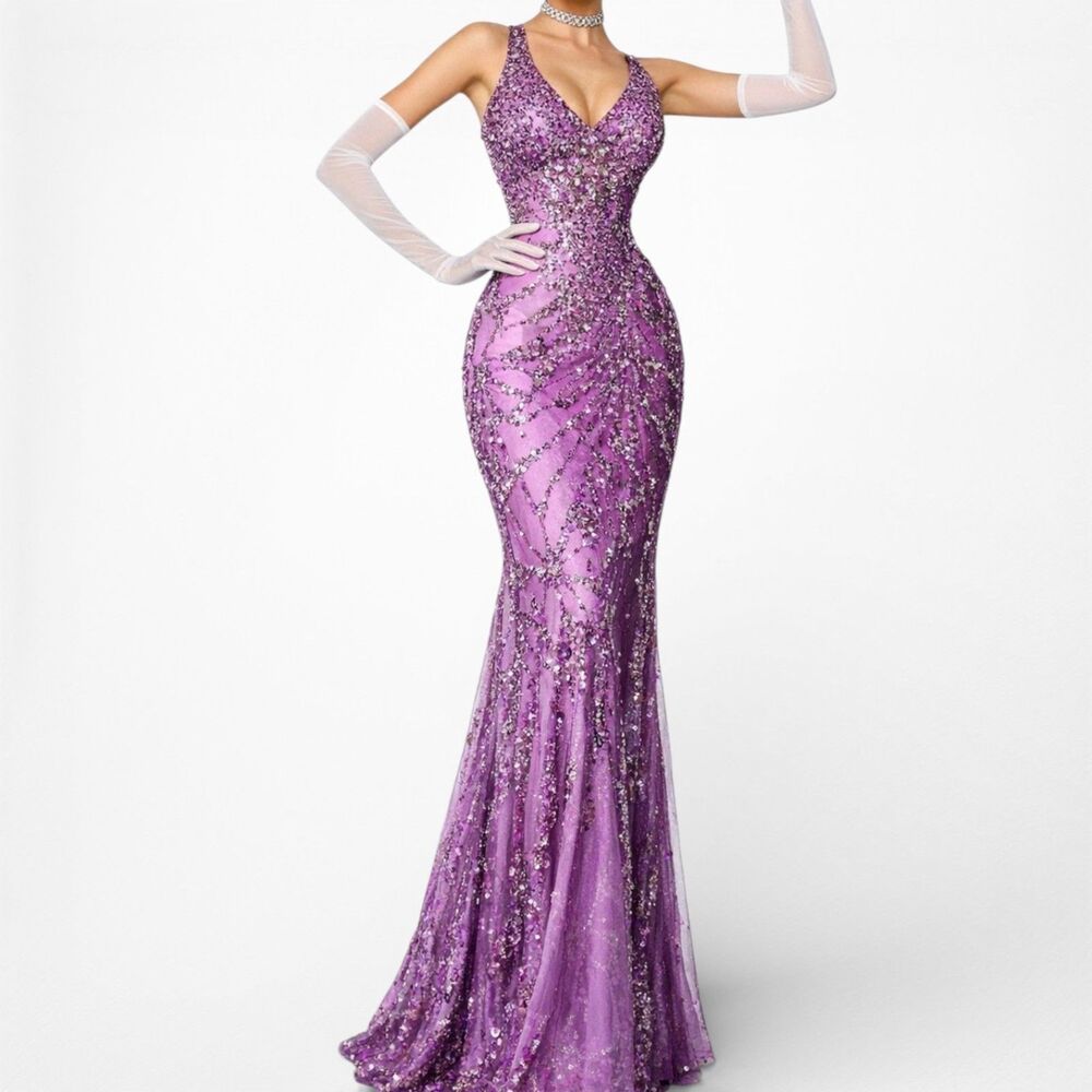 Vintage Y2K Purple Floral Sequin Silk Maxi Bodycon Formal Prom Dress Size S/M